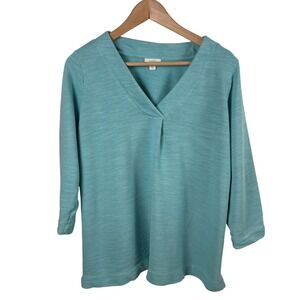 Pure Jill Turquoise Blue 3/4 Sleeve V Neck Slub‎ Sweatshirt Top Women's Size M